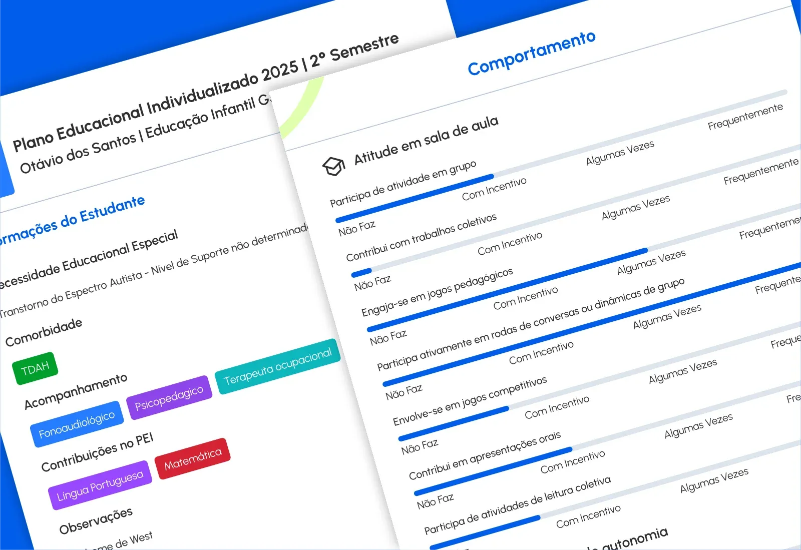 PEI exportado com informações do estudante e registro de comportamentos em escala de frequência.