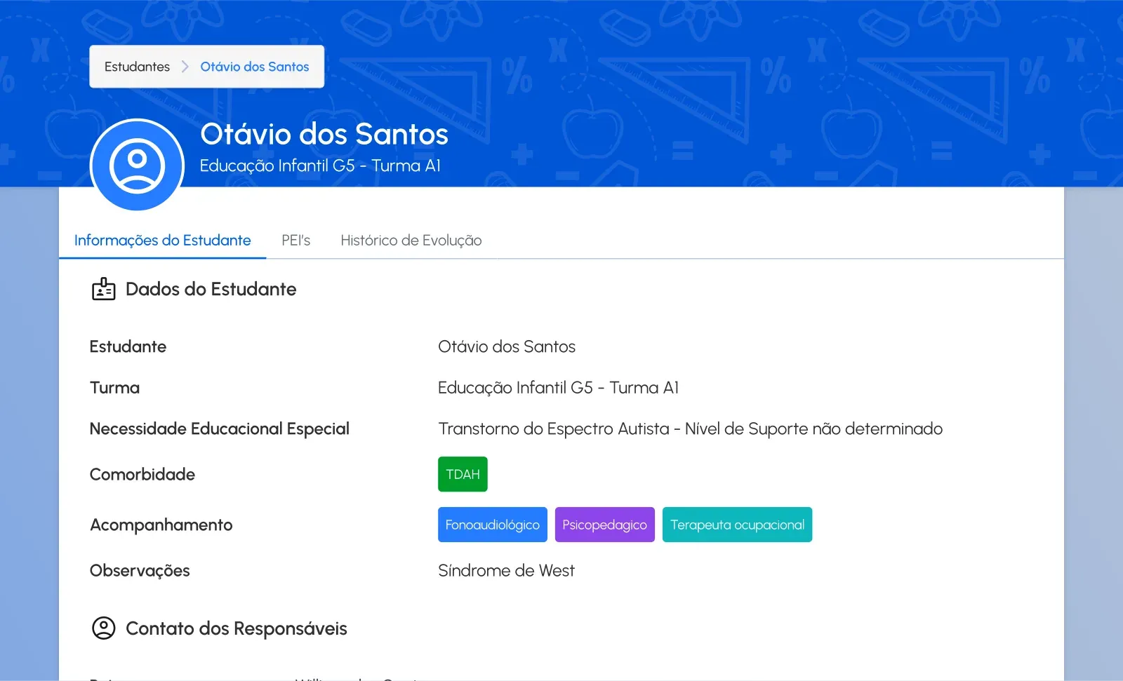 Ficha do estudante com turma, acompanhamentos (fonoaudiológico, psicopedagógico, terapia ocupacional) e abas de PEIs e histórico de evolução.